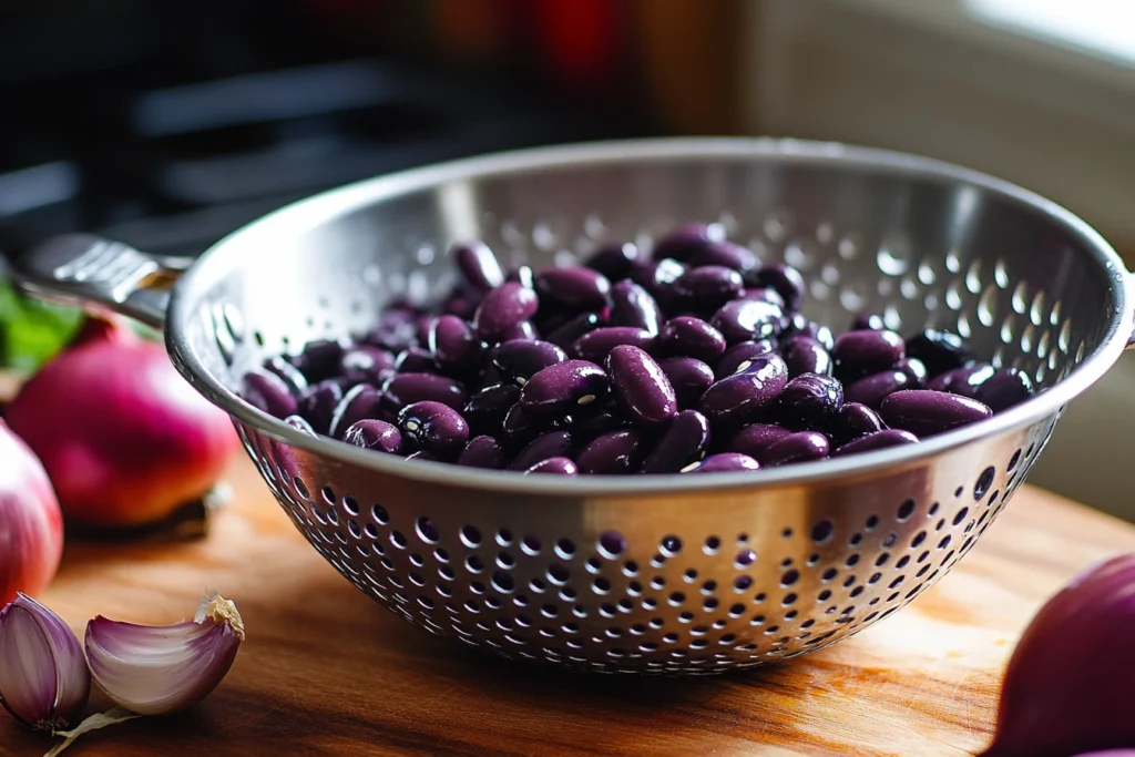 Fresh purple black beans being washed with ingredients like garlic, onion, and spices laid out for preparation.