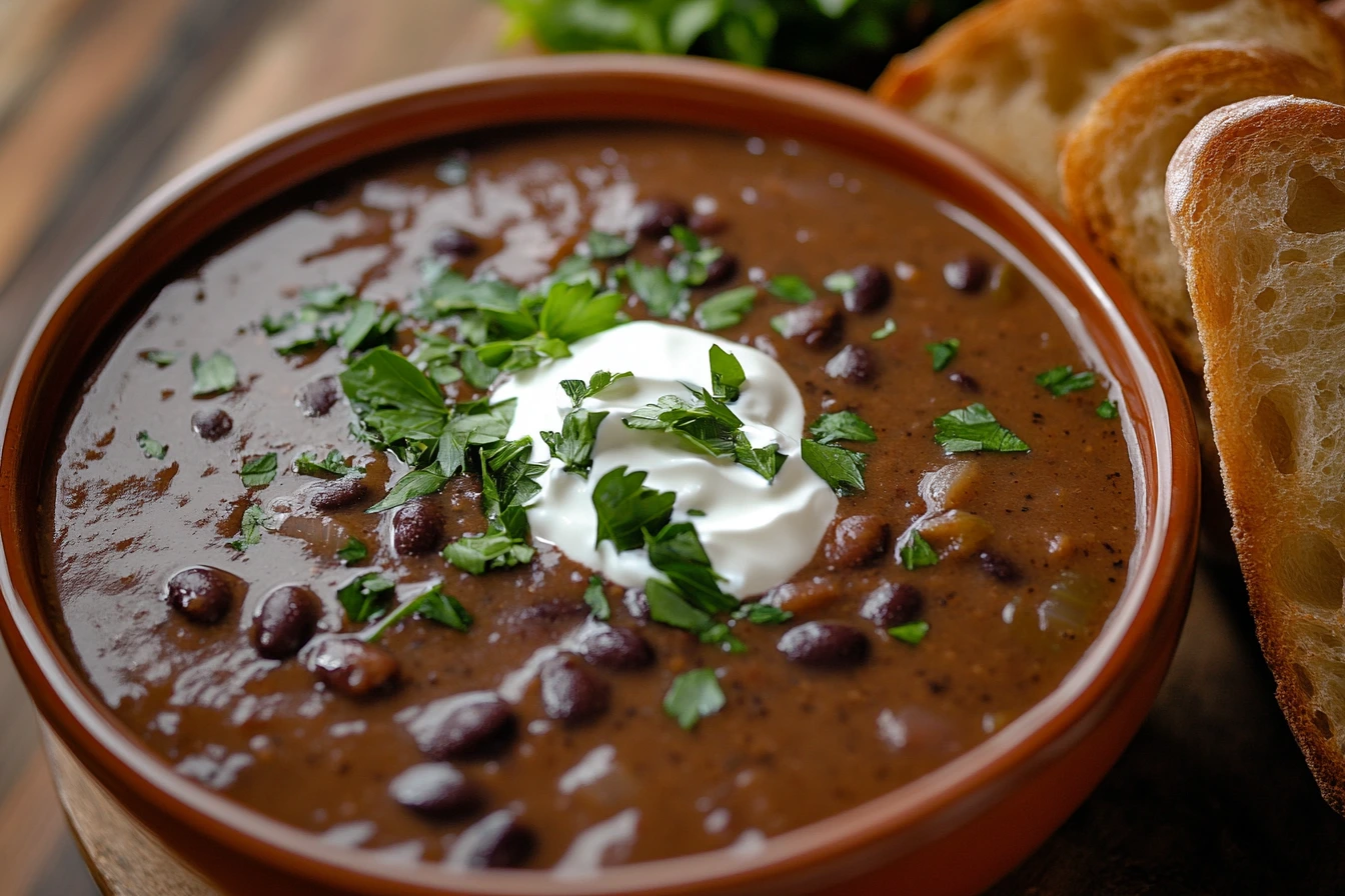 Purple black bean soup with fresh herbs and crusty bread served in a cozy, inviting setting