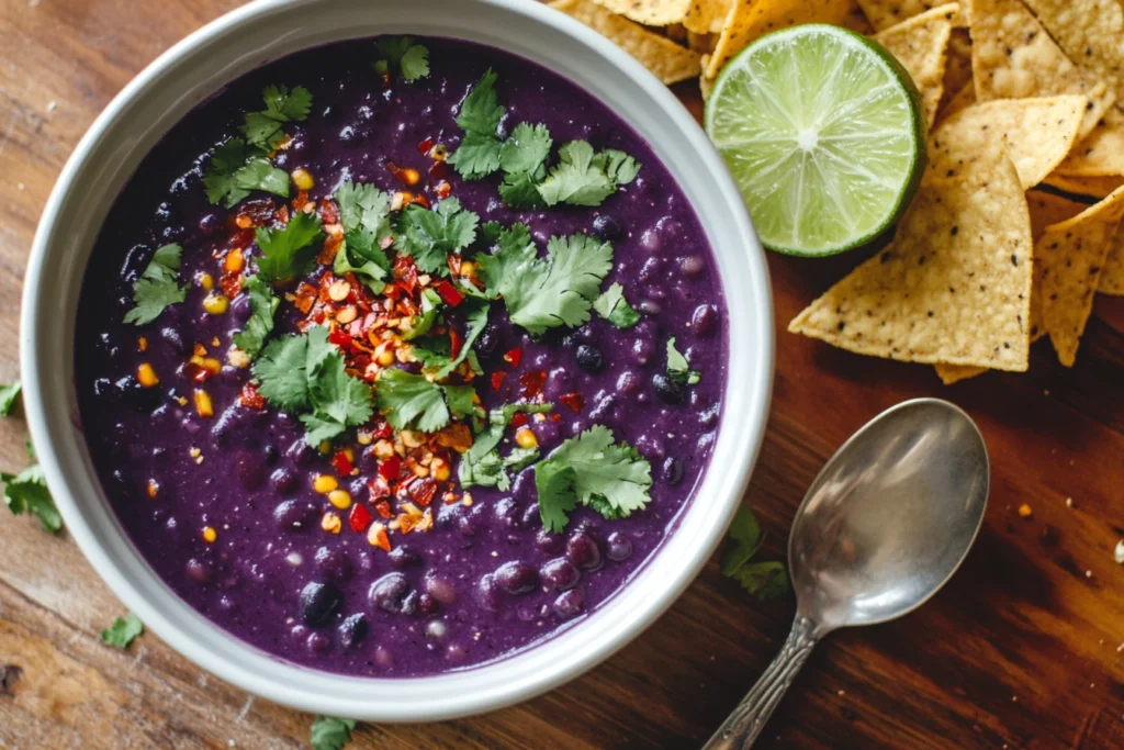 Purple black bean soup with chili flakes, cilantro, lime, and tortilla chips, showcasing a bold twist.