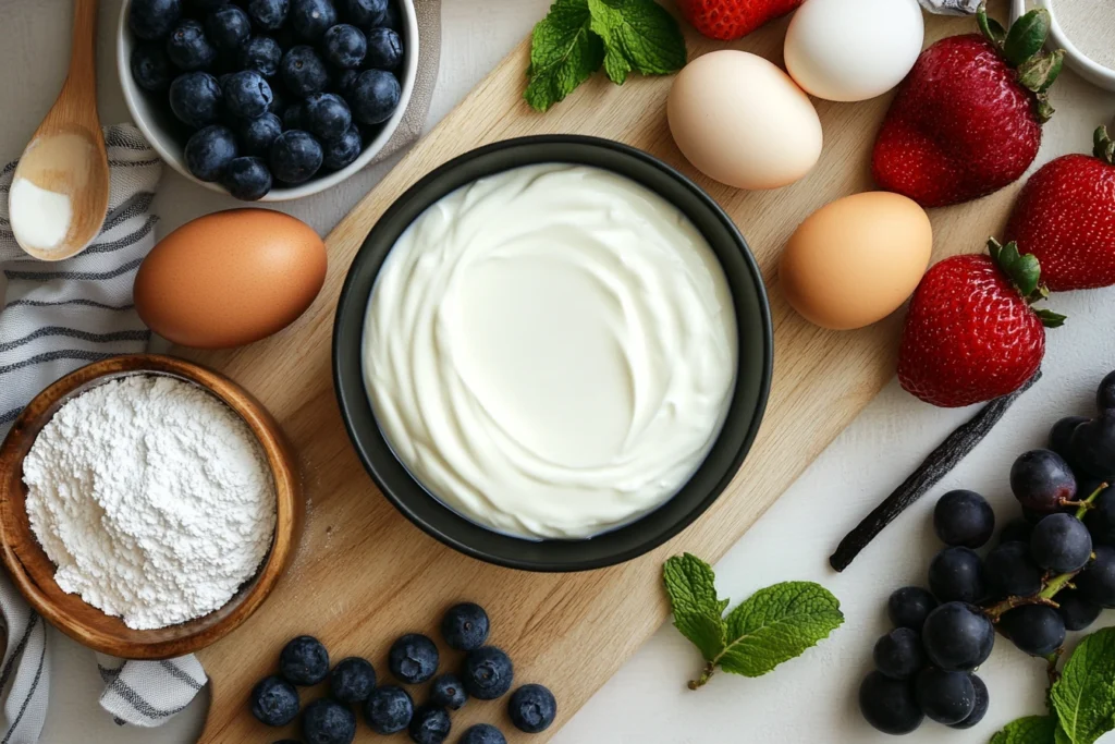 Ingredients for Greek yogurt cheesecake, including Greek yogurt, protein powder, eggs, vanilla extract, and fresh fruit.