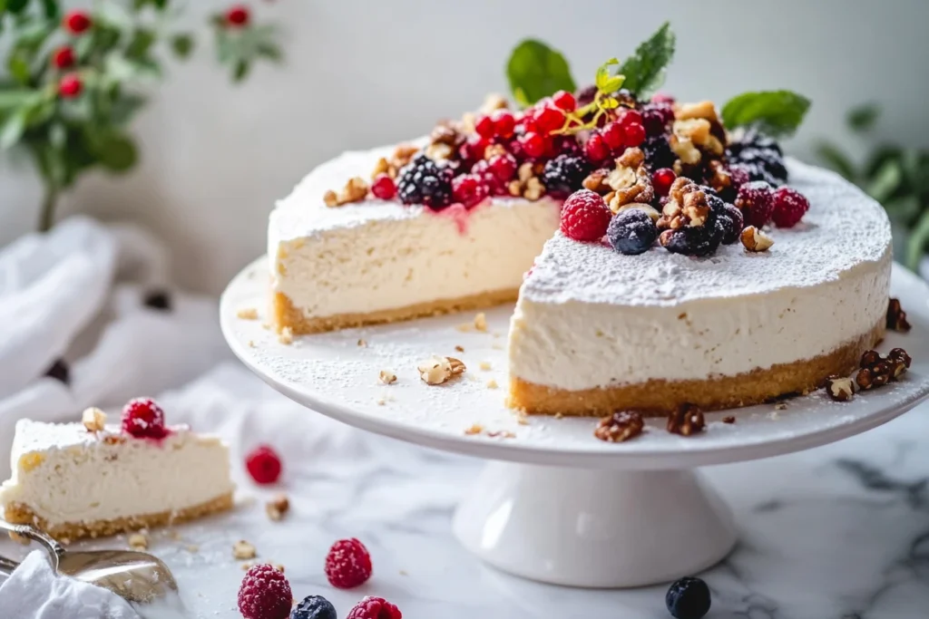 A baked Greek yogurt cheesecake garnished with fresh berries, nuts, and powdered sugar, with a slice plated nearby.