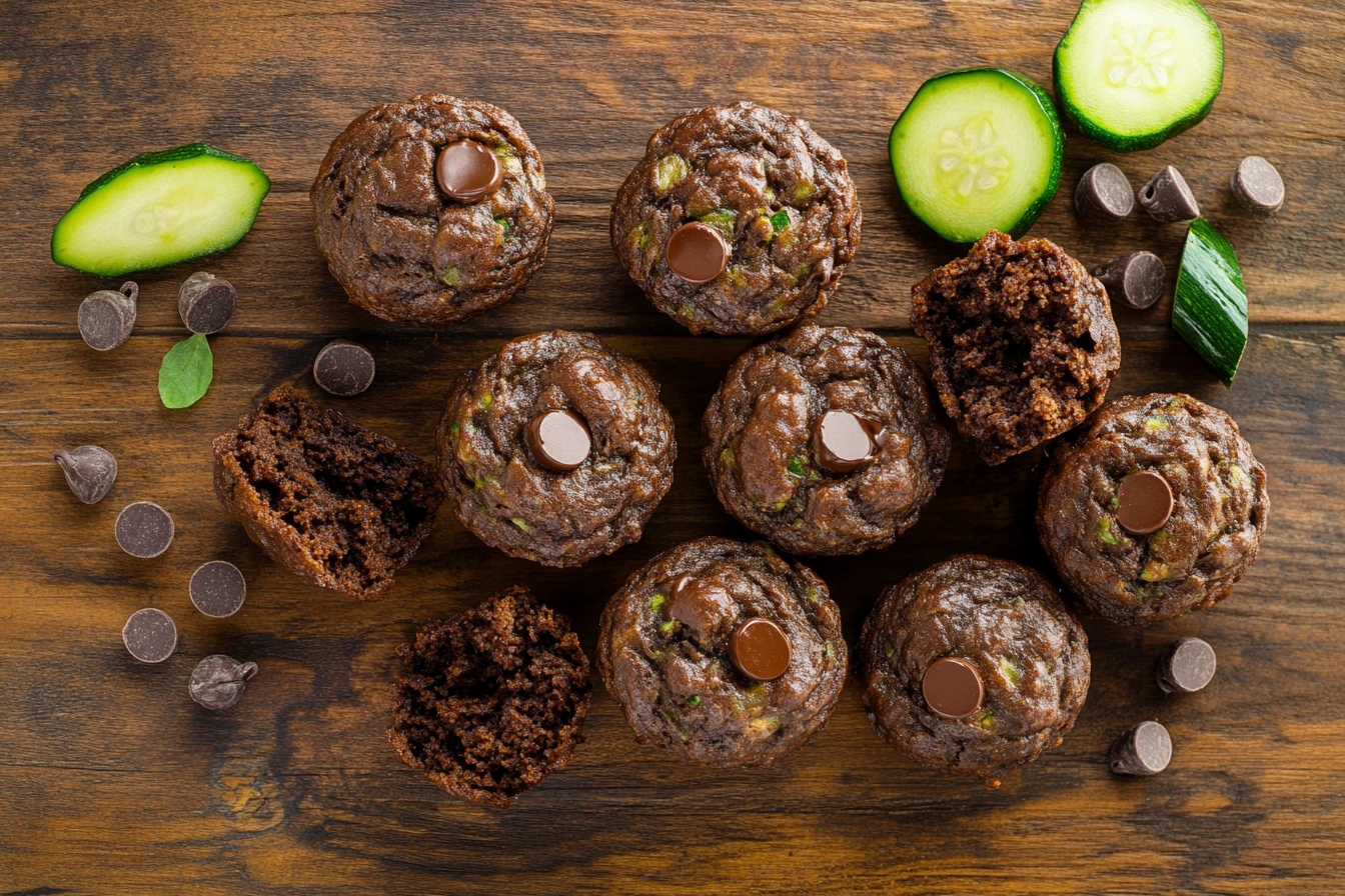 Chocolate courgette muffins freshly baked, showing the soft and moist texture