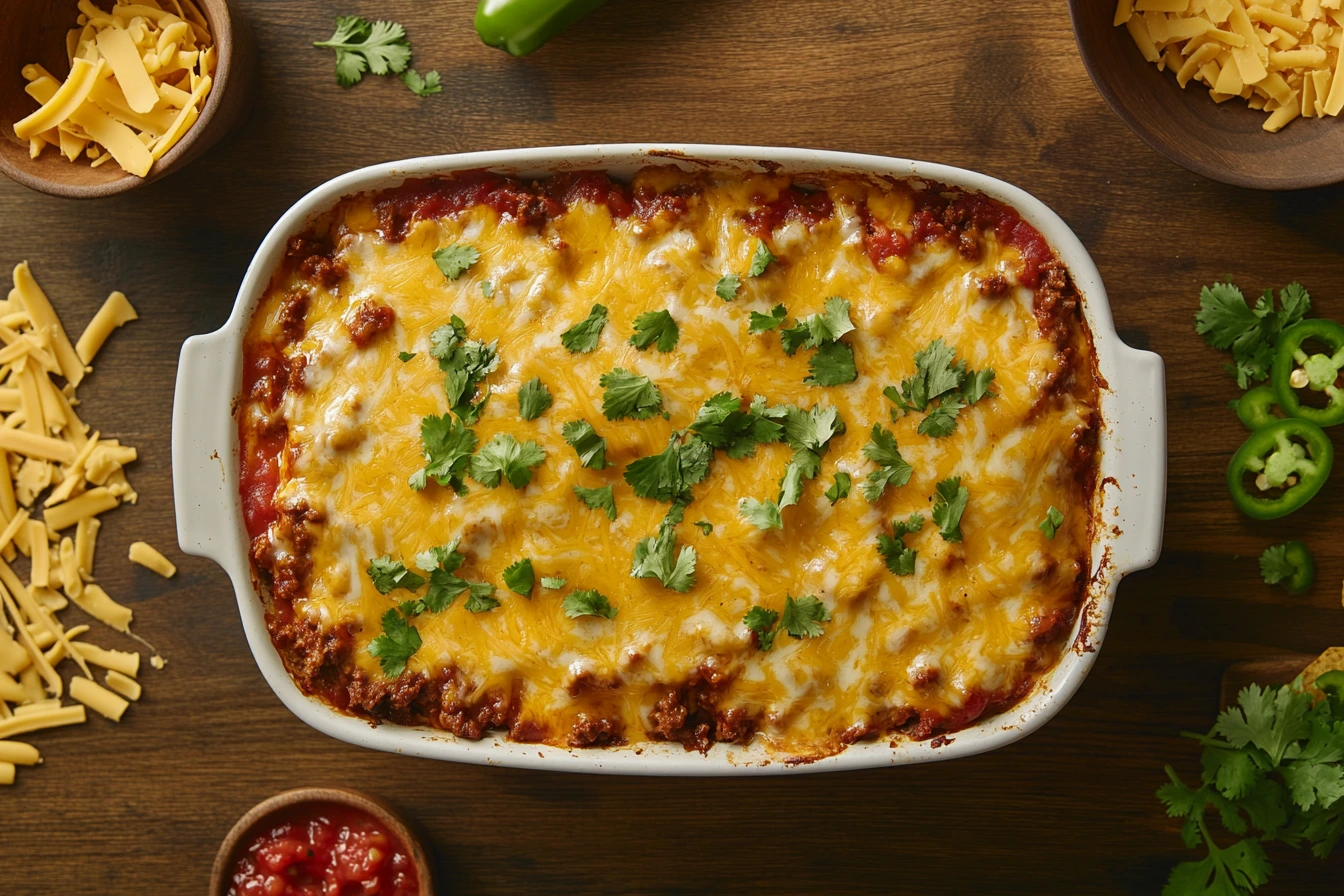 Golden-brown frozen burrito casserole topped with melted cheese and cilantro in a baking dish.