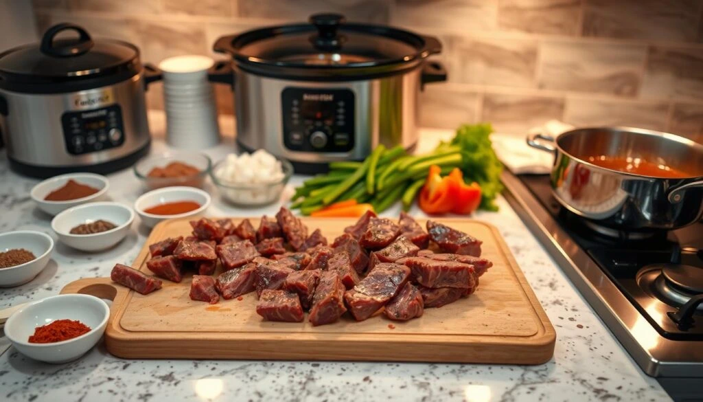 Freshly cut cube steak on a wooden chopping board surrounded by spices, onions, and vegetables in a kitchen setup with slow cookers in the background.