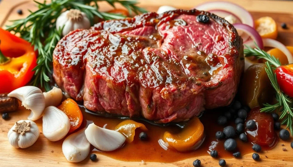 A juicy, marinated cube steak topped with fresh herbs and surrounded by garlic, bell peppers, and seasoning on a cutting board.