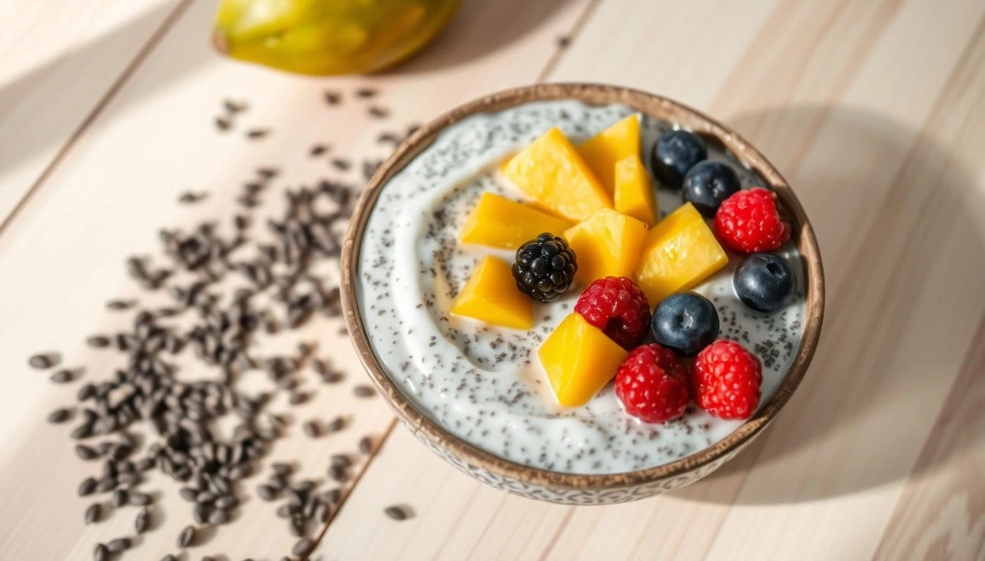 Chia seed pudding with coconut milk, topped with fresh berries and coconut, served in a glass jar with a spoon beside it.