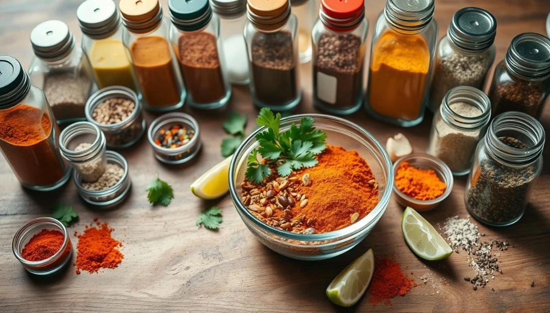 A vibrant bowl of homemade chicken taco seasoning surrounded by colorful spices in glass jars, fresh cilantro, lime wedges, and garlic on a rustic wooden countertop.