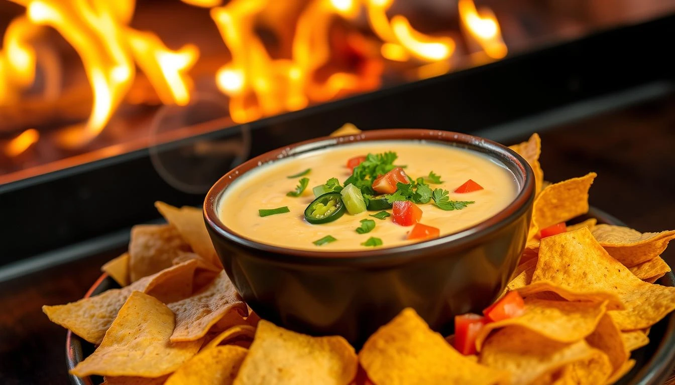 "Smoked queso dip with jalapeño, tomatoes, and fresh herbs, surrounded by tortilla chips, with a fiery background."